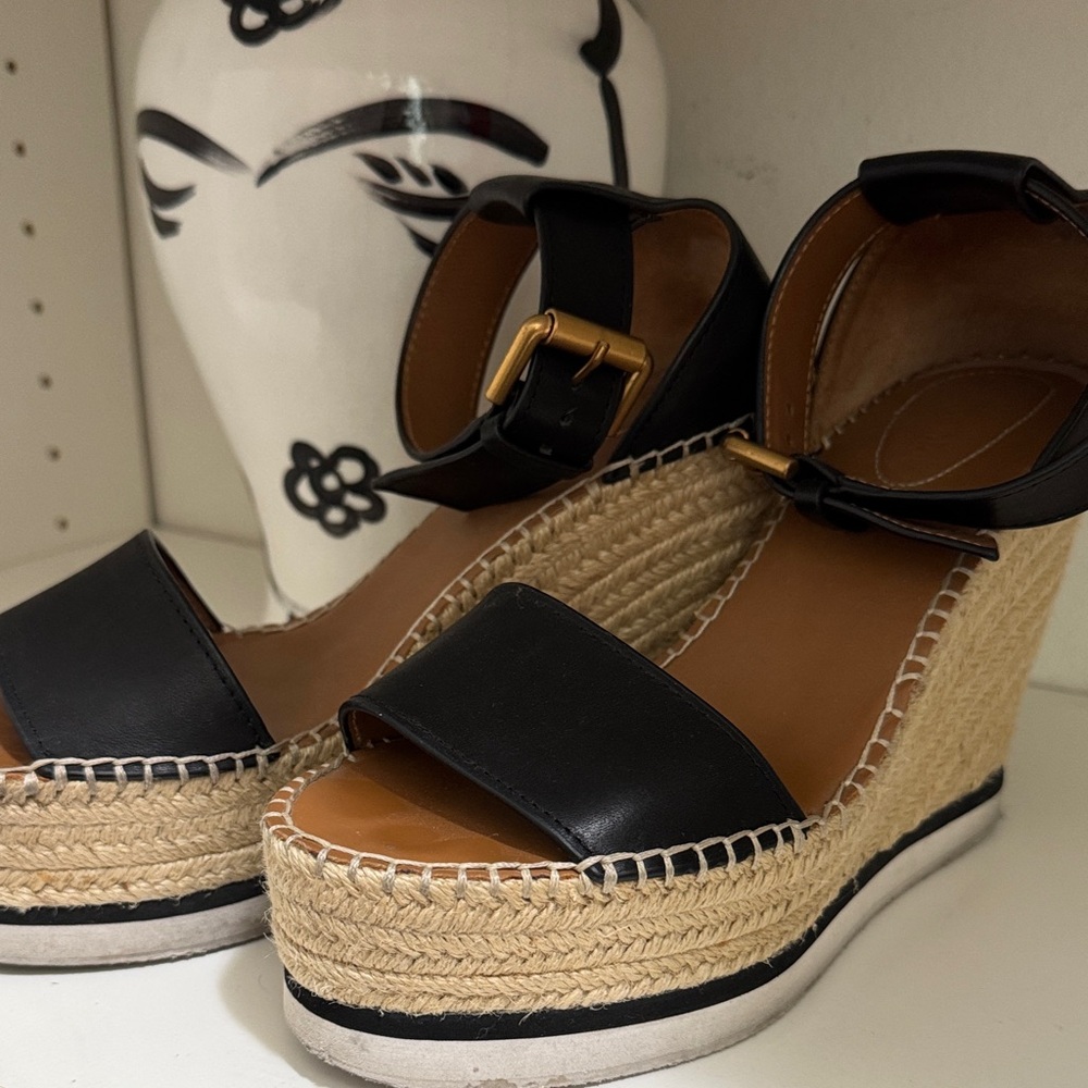 See By Chloe Black Espadrille Wedge Sandals